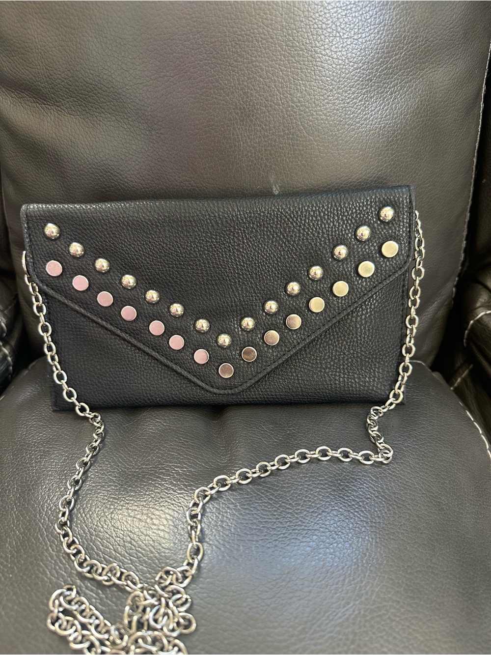 BONGO Black Envelope Clutch with Pink and Gold Studs & Chain